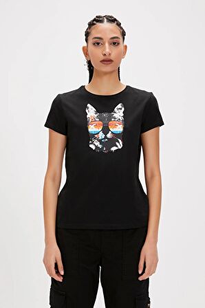 Cathy Siyah Baskılı Kadın Tişört