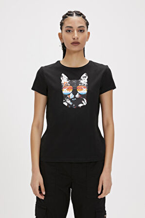 Cathy Siyah Baskılı Kadın Tişört