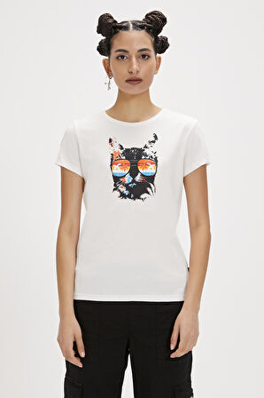 Cathy Beyaz Baskılı Kadın Tişört