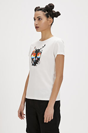 Cathy Beyaz Baskılı Kadın Tişört