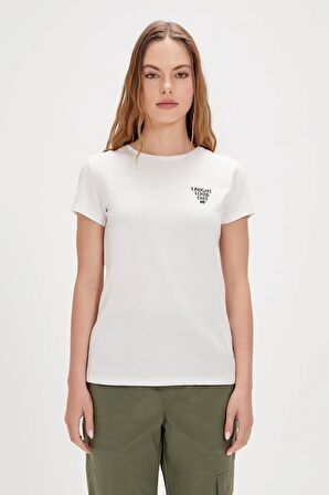 Laura Beyaz Basic Baskılı Kadın Tişört