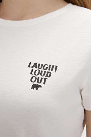 Laura Beyaz Basic Baskılı Kadın Tişört