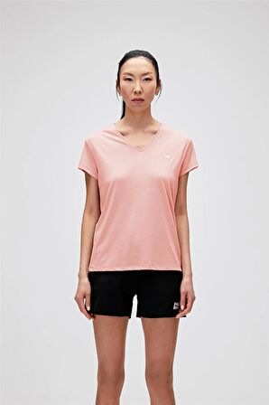 Violet V-Neck Pembe Logo Baskılı Basic Kadın Tişört