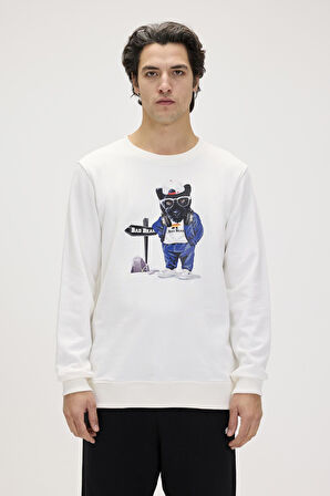 Bad Bear Panther Crewneck Off White Erkek Beyaz Bisiklet Yaka Sweatshirt