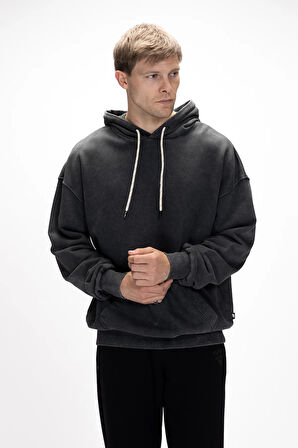 Acid Bear Kapüşonlu Siyah Oversize Erkek Sweatshirt