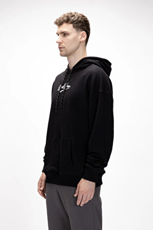York Si̇yah Kapüşonlu Oversize Erkek Baskılı Sweatshirt