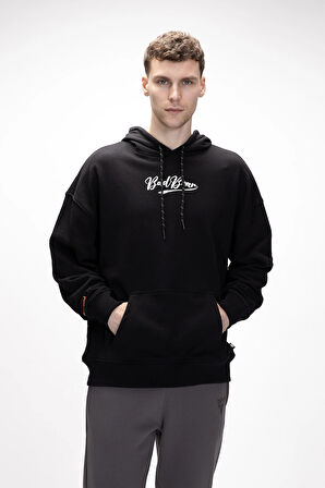 York Si̇yah Kapüşonlu Oversize Erkek Baskılı Sweatshirt