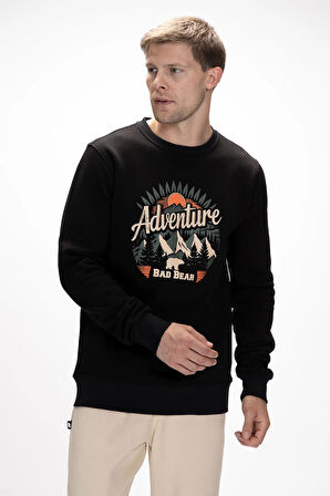 Adventure Si̇yah Crewneck Erkek Baskılı Sweatshirt