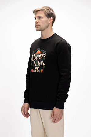 Adventure Si̇yah Crewneck Erkek Baskılı Sweatshirt