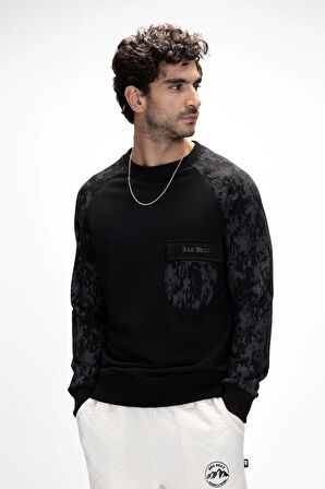 Deep Si̇yah Crewneck Erkek Baskılı Sweatshirt