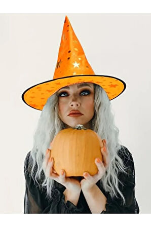 YILDIZ DESENLİ TURUNCU CADI ŞAPKASI HALLOWEEN CADILAR BAYRAMI