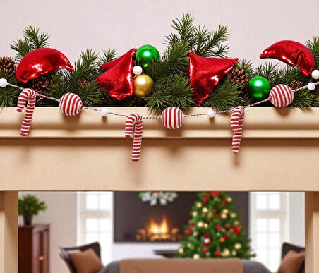 YILBAŞI KUMAŞ GARLAND TOP VE BASTON ŞEKERLİ 180CM AST7158