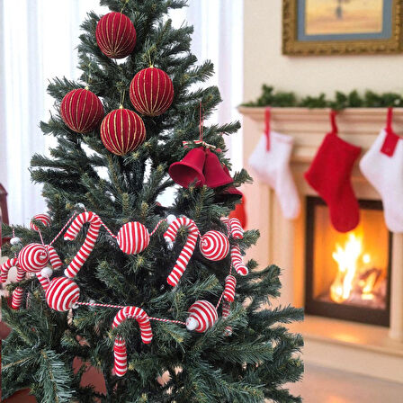 YILBAŞI KUMAŞ GARLAND TOP VE BASTON ŞEKERLİ 180CM AST7158