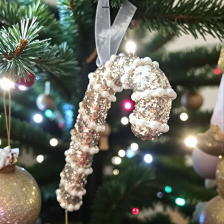 YILBAŞI BASTON ŞEKER İNCİ ŞERİTLİ 17CM AST7243