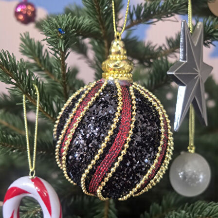 LÜKS YILBAŞI TOPU 8CM ALTIN BONCUK ŞERİTLİ IŞILTILI PAYETLİ SİYAH - BORDO ÇAM AĞACI SÜSÜ 3LÜ