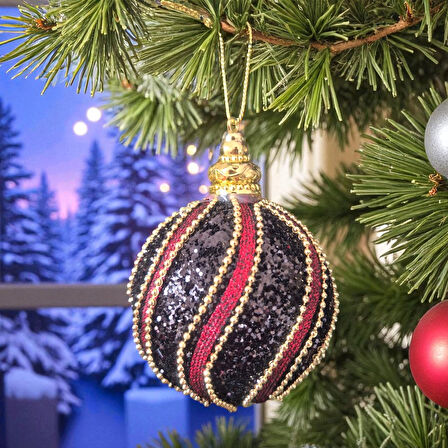 LÜKS YILBAŞI TOPU 8CM ALTIN BONCUK ŞERİTLİ IŞILTILI PAYETLİ SİYAH - BORDO ÇAM AĞACI SÜSÜ 3LÜ