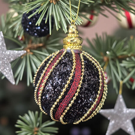 LÜKS YILBAŞI TOPU 8CM ALTIN BONCUK ŞERİTLİ IŞILTILI PAYETLİ SİYAH - BORDO ÇAM AĞACI SÜSÜ 3LÜ