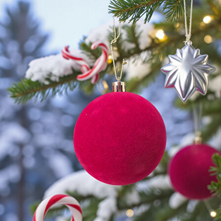 YILBAŞI TOPU 8CM  KADİFE DÜZ 4LÜ BORDO AST7438