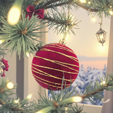 YILBAŞI TOPU 8CM KADİFE ÇİZGİLİ ALTIN SİMLİ ÇAM AĞACI SÜSÜ 3LÜ BORDO AST7447