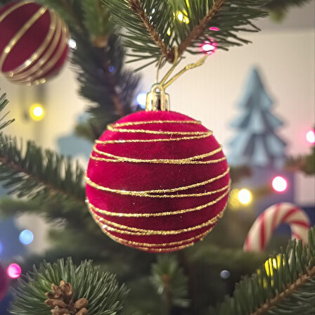 YILBAŞI TOPU 8CM KADİFE ÇİZGİLİ ALTIN SİMLİ ÇAM AĞACI SÜSÜ 3LÜ BORDO AST7447