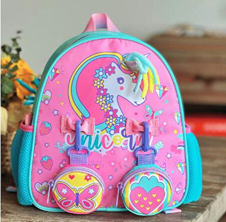 Vest Anaokulu Çantası Turkuaz Pembe Unicorn