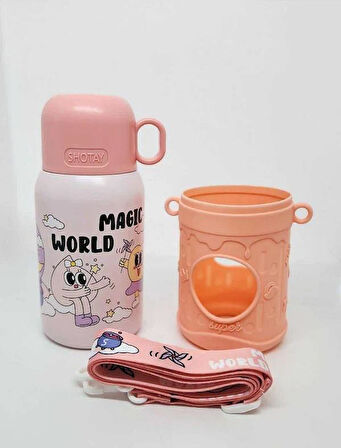 Shotay Cartoon Çelik Termos Matara Çocuk 480Ml Pembe