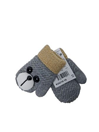 Spteks 1-3 Yaş Erkek Bebe Gri Renk Ayıcık Figürlü Kışlık Örme Eldiven
