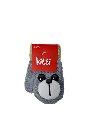 Spteks 1-3 Yaş Erkek Bebe Gri Renk Ayıcık Figürlü Kışlık Örme Eldiven