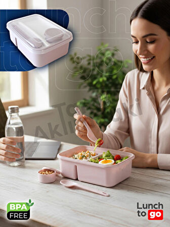 Beslenme Kabı - Çatal Kaşıklı - Bölmeli ve Sosluklu - Plastik Beslenme Kutusu - Lunch To Go Serisi