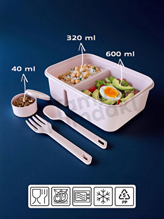 Beslenme Kabı - Çatal Kaşıklı - Bölmeli ve Sosluklu - Plastik Beslenme Kutusu - Lunch To Go Serisi