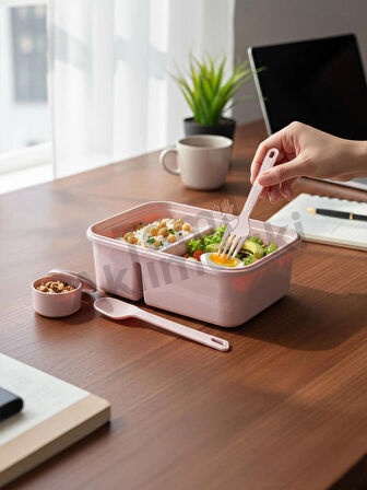 Beslenme Kabı - Çatal Kaşıklı - Bölmeli ve Sosluklu - Plastik Beslenme Kutusu - Lunch To Go Serisi