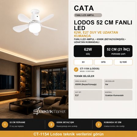 CATA Lodos Fan 62W Led Ampul Dimmerli CT-1154