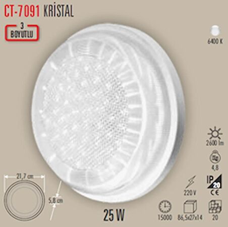 Cata CT-7091 Kristal 25W Sıva Üstü Led Armatür Beyaz Işık