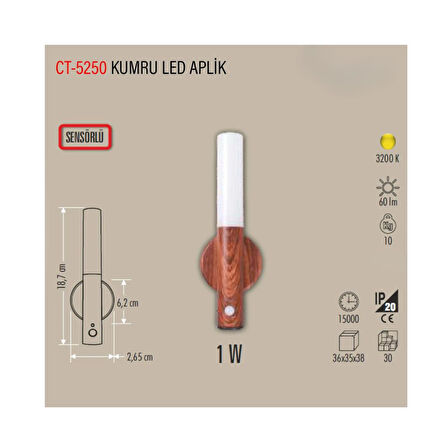 Cata CT-5250 1W Kumru Sensörlü Led Aplik 3200 K