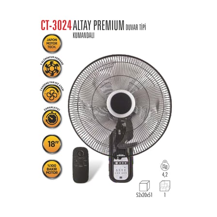 Cata Altay 46cm (18inç) Premium Duvar Tipi Vantilatör Kumandalı Ct-3024
