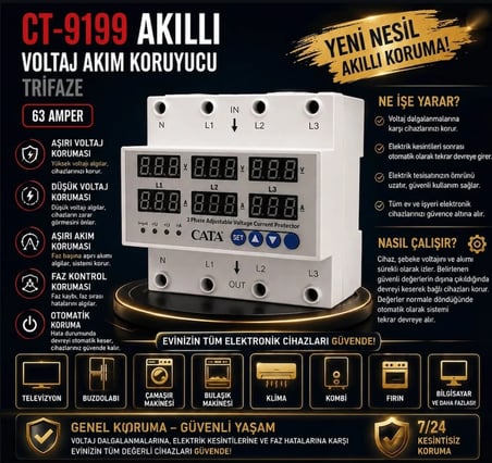 Cata CT-9199 Akıllı Dijital Trifaze Voltaj ve Akım Koruyucu Röle - 63 Amper (Üç Faz Bağımsız İzleme)