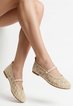 Yıldızdan Bej Tüllü Pvc Taban Kadın Babet