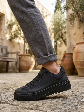 Yıldızdan Siyah (Siyah Taban) Bağcıklı Paraşüt Kumaş Poli Taban Erkek Spor Ayakkabı