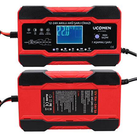 UCOMEN UC-C121001A KIRMIZI 12/24 VOLT 10 AMPER LED GÖSTERGELİ AKÜ ŞARJ CİHAZI