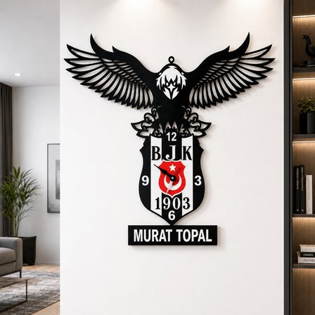 Kişiye Özel İsimli Beşiktaş Kartal Duvar Saati – 45x40 cm – 3 mm MDF Lazer Kesim