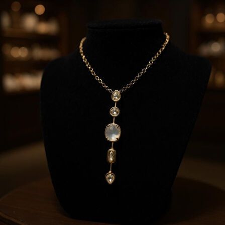 Zarif Taşlı Y Kolye - Altın Rengi Tasarım