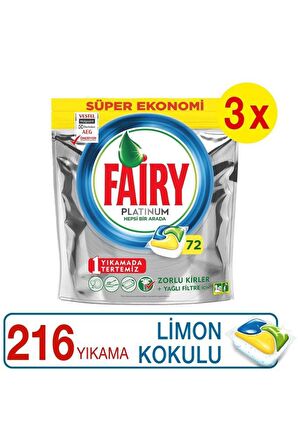 Fairy Platinum Limon Kokulu 216 Yıkama Tablet Bulaşık Makinesi Deterjanı 3x72 Adet 