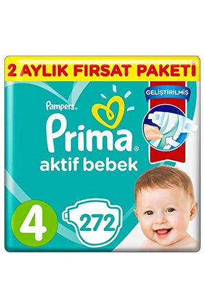 Prima Aktif Bebek Bezi 4 Beden 272'li 2 Aylık Fırsat Paketi 9-15 Kg