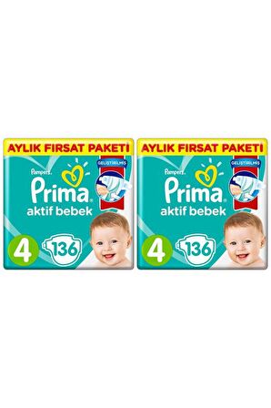 Prima Aktif Bebek Bezi 4 Beden 272'li 2 Aylık Fırsat Paketi 9-15 Kg