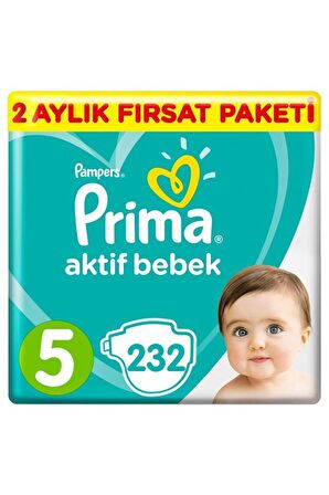 Prima Aktif Bebek Bezi 5 Beden Junior 232'li 2 Aylık Fırsat Paketi 11-18 Kg