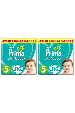 Prima Aktif Bebek Bezi 5 Beden Junior 232'li 2 Aylık Fırsat Paketi 11-18 Kg