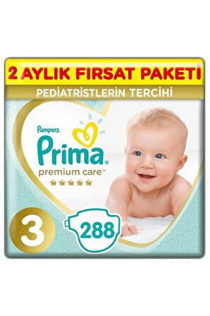 Prima Bebek Bezi Premium Care 3 Beden 288'li Midi 2 Aylık Fırsat Paketi ( 144'lü X 2 )