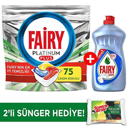 Fairy Platınum Plus Bulaşık Makinesi Tableti 75'li + Fairy Platinum Sıvı Bulaşık Deterjanı 500 ml + Sünger 