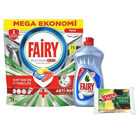 Fairy Platınum Plus Bulaşık Makinesi Tableti 75'li + Fairy Platinum Sıvı Bulaşık Deterjanı 500 ml + Sünger 