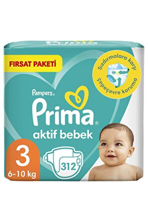 Prima Aktif Bebek Bezi 3 Beden 312'li 2 Aylık Fırsat Paketi 6-10 Kg